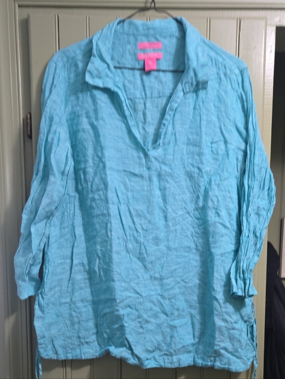 Isaac Mizrahi Turquoise Linen V-Neck Tunic Size L